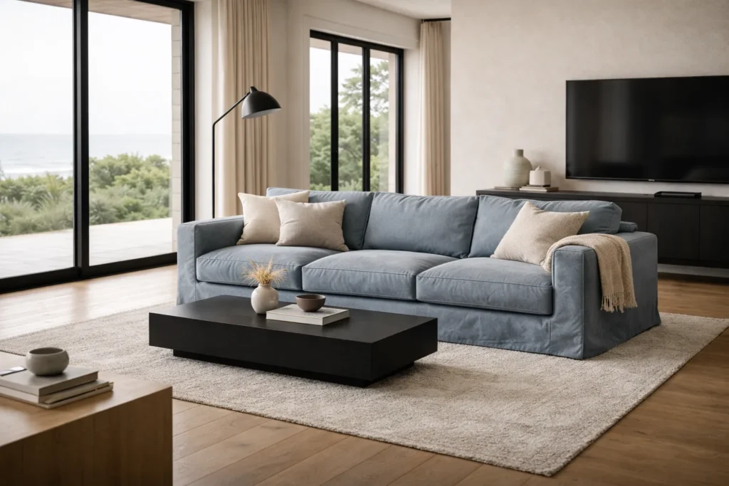 Coastal living room with soft blues