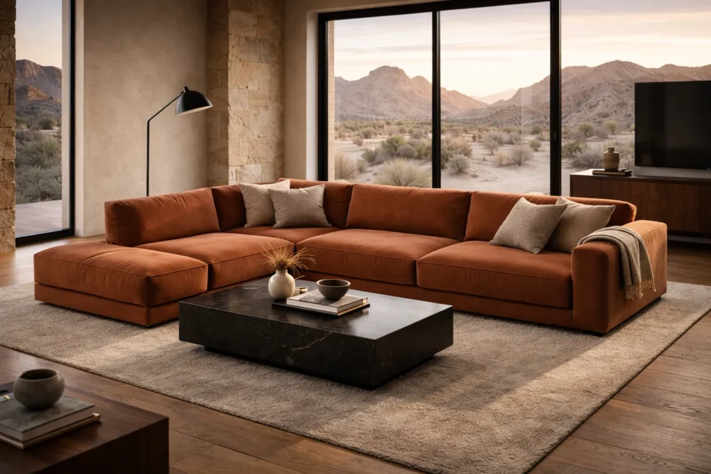 Desert-modern living room with sunset view