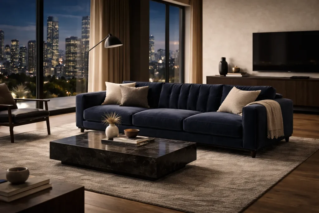 Elegant penthouse living room at night